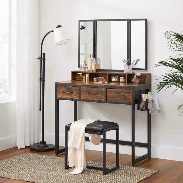 Bobbel Home Kaptafel met 3-delige klapsspiegel - Cosmetische Tafel met gestoffeerde kruk - Vintage Bruin-zwart