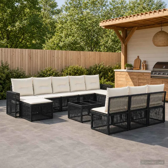 vidaXL Tuinbankenset 11 st 10-zits Zwart en Cream Wit poly rattan, foto 2