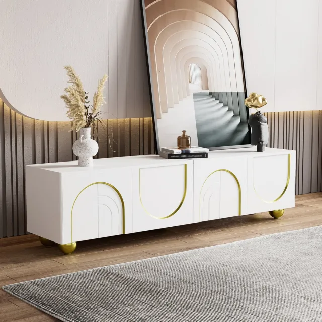 COVREO TV-meubel 170 x 38 x 44 cm - 4 deuren, push-to-open, wit en goud