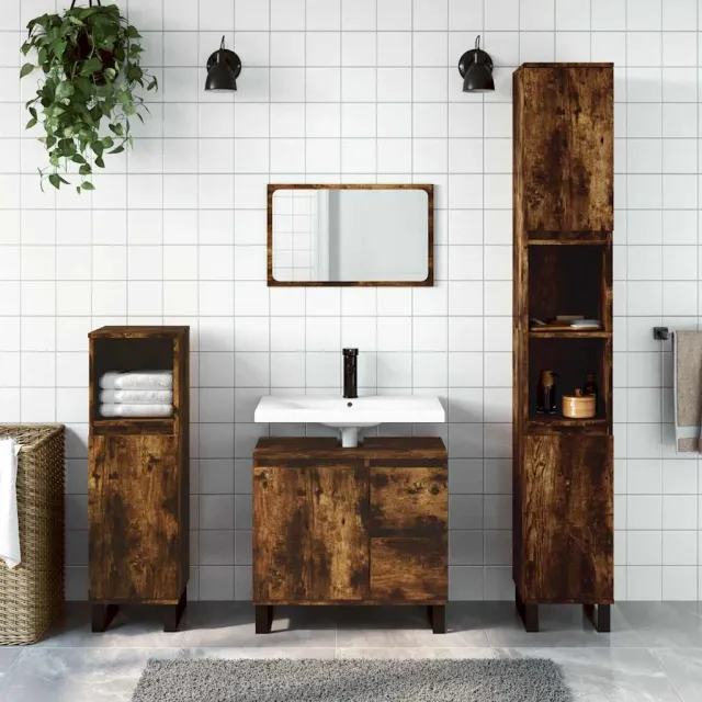 vidaXL 3-delige Badkamermeubelset bewerkt hout gerookt eikenkleurig Bruin