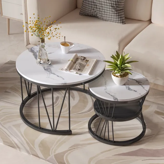 ROSAHQNDA Set van 2 moderne ronde salontafels, stijlvolle bijzettafels met opbergruimte, V-vormig onderstel, modern meubel voor de woonkamer, L 70 x 70 x 44,5 cm, S 45 x 45 x 36,5 cm Zwart frame