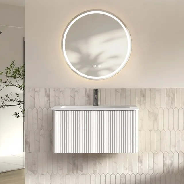 HAUSS SPOLE Badmeubelset - Wandhangende Wastafel Met Onderkast, Lade En Ronde Ledspiegel Van 80 Cm - Voor Kleine Badkamers - Wit - 81x46,5x37 Cm