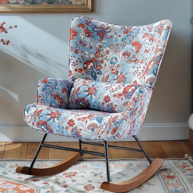 Homemiyn Schommelstoel – Linnen Look Paardenbloem Design Rocking Chair – Zachte Bloemen Fauteuil – Comfortabele Wipstoel met Hoge Rugleuning voor Woonkamer en Slaapkamer Paardenbloemprint