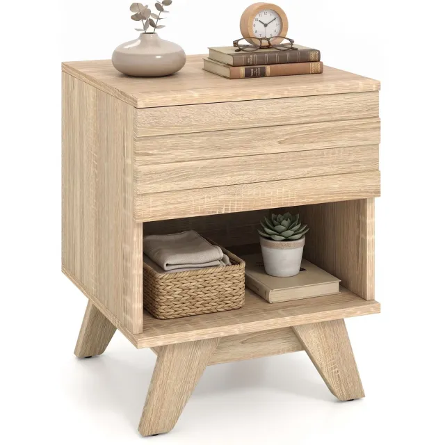 Suredeal Nachtkastje - Hout Kleine Bijzettafel - Lade Open vak - Woonkamer Slaapkamer Natuur - 40x39,6x50 cm - Natuur