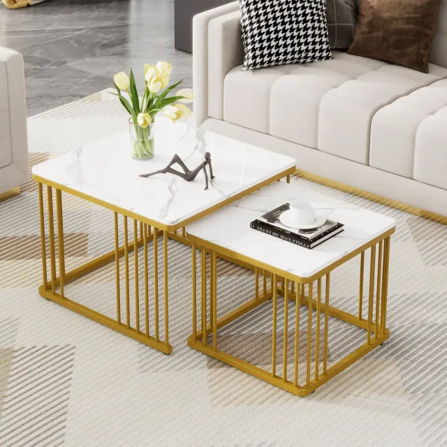 Maisentiel Salontafelset van 2 - 60 x 60 cm - Inschuifbaar - MDF marmerlook - Wit