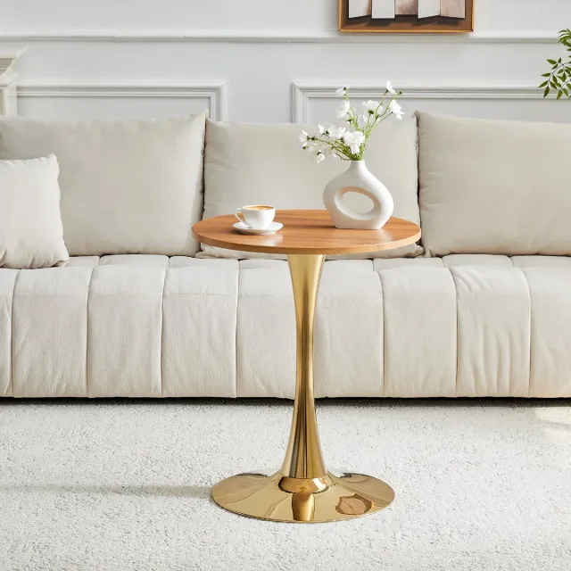 FloraGrace Bijzettafel - Ronde Tafel Met Houtlook En Gouden Metalen Onderstel - Voor Woonkamer En Eethoek - MDF - 60 Cm - Goud Hout Gold