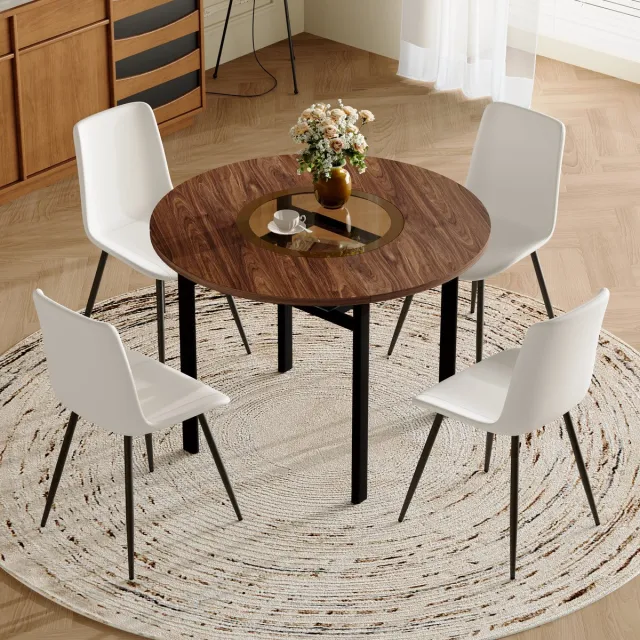 MODENUIT Eettafelset 100 cm - Ronde Tafel Met 4 Stoelen En Glasplateau - Voor Eetkamer - MDF En Kunstleer - Bruin/Wit