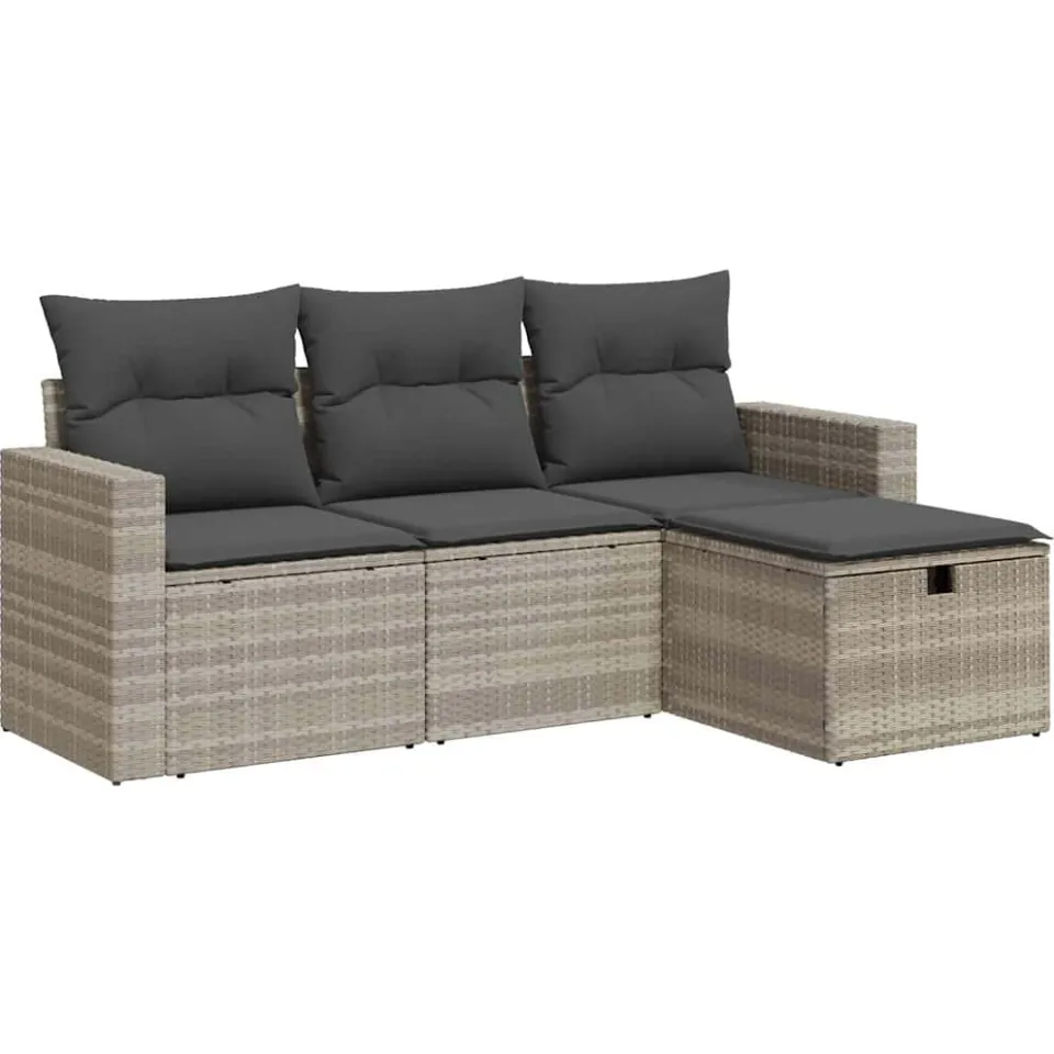 vidaXL 4-delige Loungeset met kussens poly rattan lichtgrijs grijs, foto 3