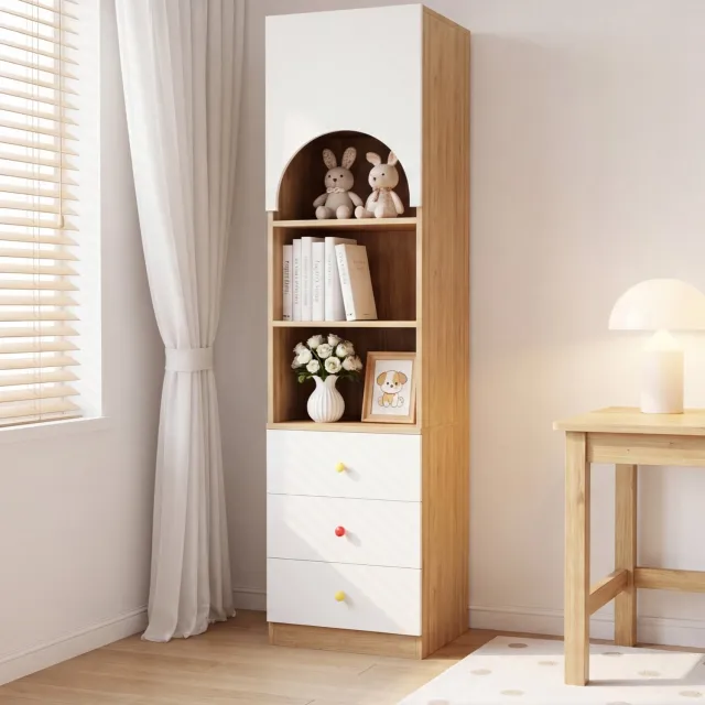 HAUSS SPOLE Boekenkast - Opbergkast met 3 Lades, Deur en Open Vakken - voor Kinderkamer en Slaapkamer - MDF, Wit en Houtkleur - 50x50x200 cm