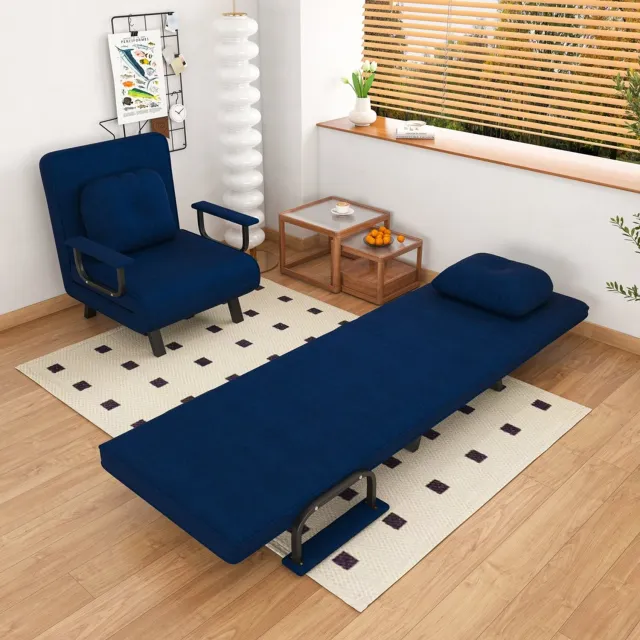 Pugsdrly Relaxstoel met ligfunctie, 5-voudig verstelbare rugleuning, chenille bekleding, uitklapbare extra steunen, 180° ligpositie, leesstoel om te ontspannen, slaapstoel, blauw (Foldable Sofa Chair)