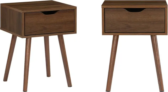 sweeek Set van 2 nachtkastjes in walnootkleurig hout, 1 lade