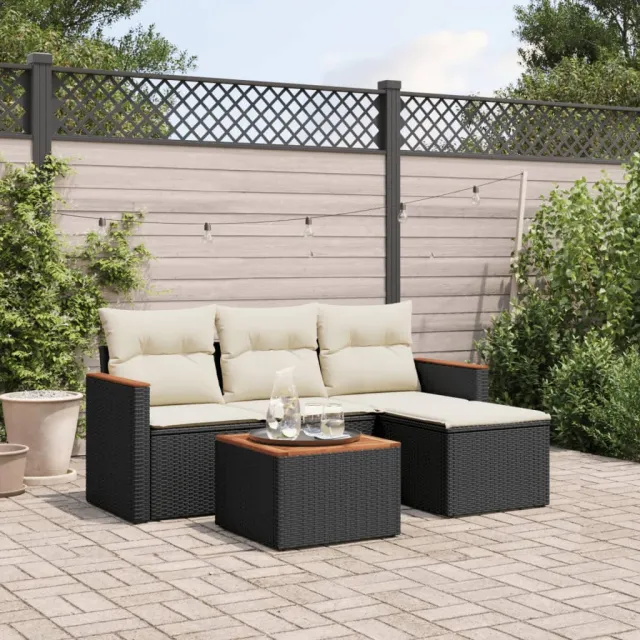 vidaXL 5-delige Loungeset met kussens poly rattan zwart, foto 2