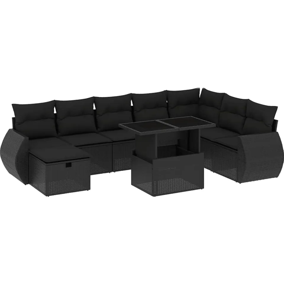 vidaXL 9-delige Loungeset met kussens poly rattan zwart, foto 3