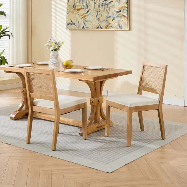 HAUSS SPOLE Eetkamerstoel Set van 2 - Rotan Rugleuning En Linnen Zitting - Houten Frame - Voor Keuken, Eetkamer En Woonkamer - Beige