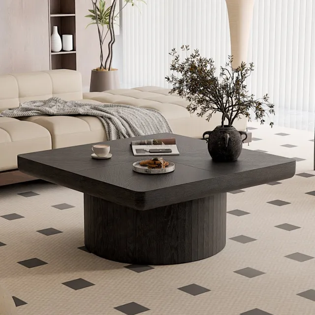 MODENUIT Salontafel - Vierkant Tafelblad Met Parketpatroon - Voor Woonkamer - Massief Hout En MDF - 78 Cm - Zwart