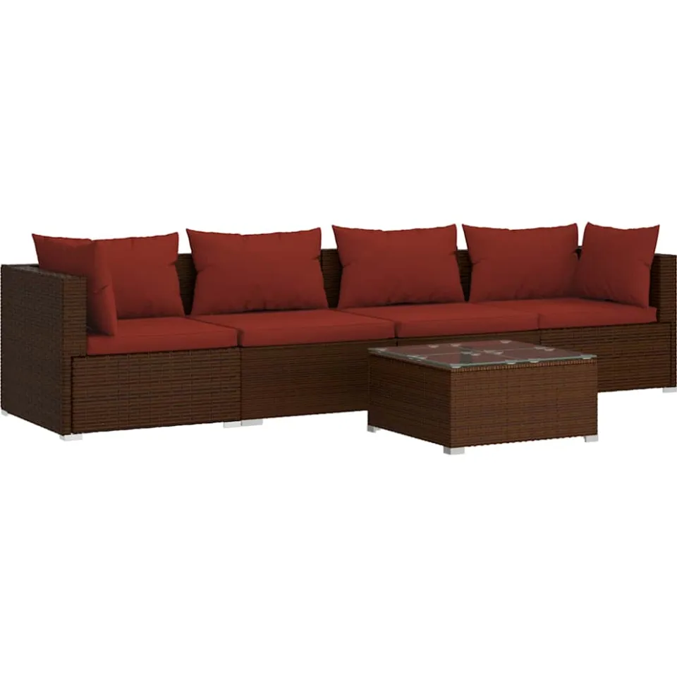 vidaXL 5-delige Loungeset met kussens poly rattan bruin, foto 3
