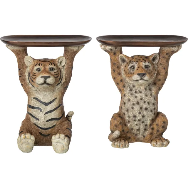 J-Line Decoratief dienblad tijger en luipaard - polyresin - karamel - assortiment van 2 Bruin