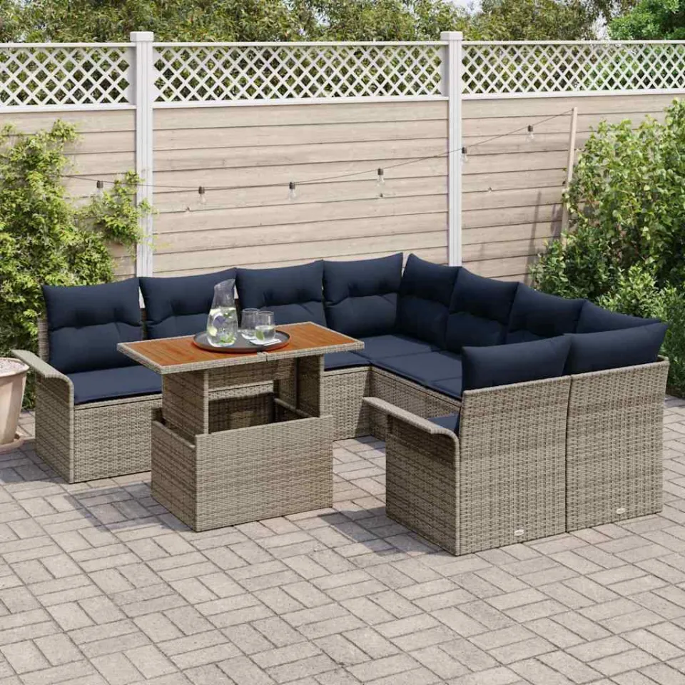 vidaXL Tuin Sofa Set 9 st Grijs Poly riet, foto 3