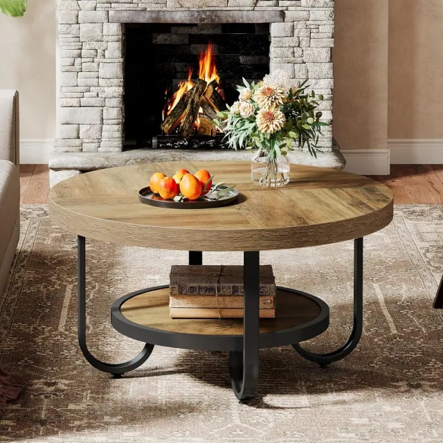 Tribesigns Ronde Salontafel - Salontafel met Opbergplank - Bijzettafel Bruin - Tafel - Sidetable voor Woonkamer, Thuiskantoor - 80 x 80 x 45 cm