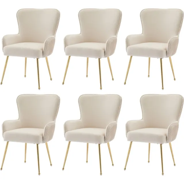 Merax Fluwelen eetkamerstoel - set van 6 - woonkamer - slaapkamer - loungestoel - met armleuningen en verstelbare poten - lendensteun - beige en goud
