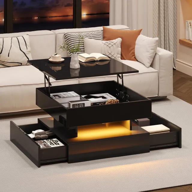 STILVORA Salontafels - Koffietafel Met 2 Laden En Verstelbare Top - LED Verlichting - 65x65x38,5 cm - Spaanplaat - Zwart