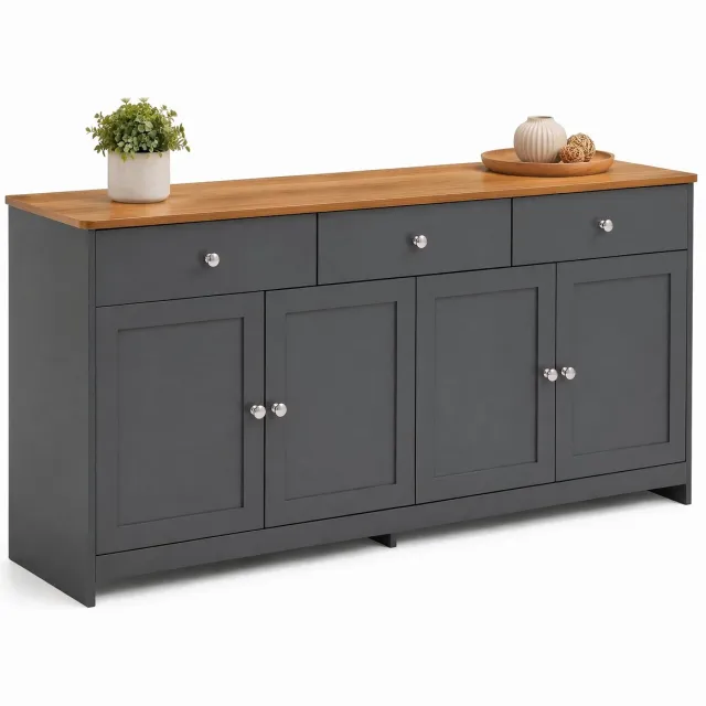 COVREO Buffetkast 160 x 37 x 75 cm - 4 deuren, 3 lades, verstelbare planken, grijszwart