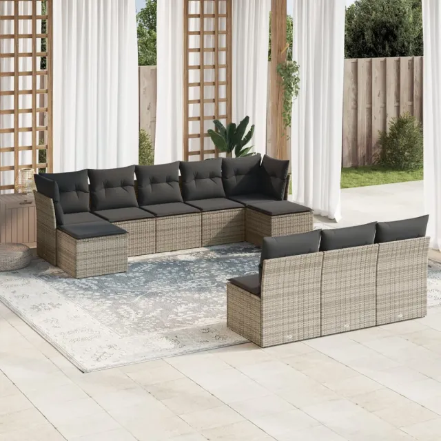vidaXL 10-delige Loungeset met kussens poly rattan grijs, foto 2
