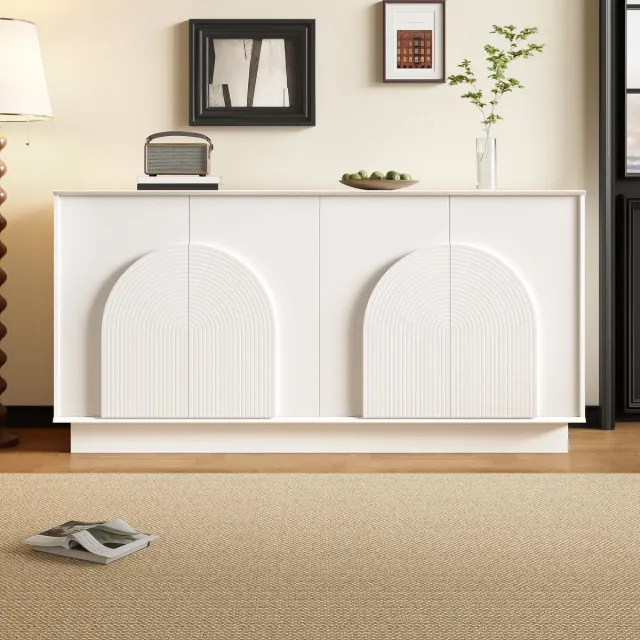 Zubaliya Wit sideboard met gebogen deuren - 160x38x80 cm - 4 deuren, geïntegreerde grepen, ruime opbergvakken - mat MDF, elegante opbergoplossing - Opbergmeubel voor woonkamer en eetkamer