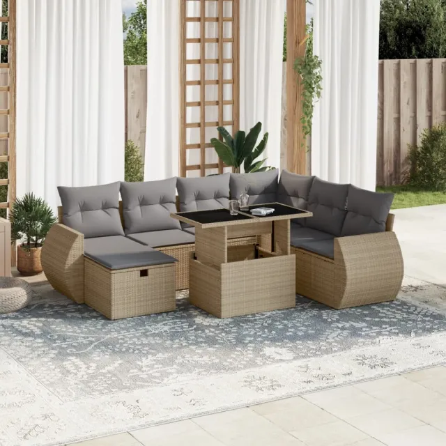 vidaXL 8-delige Loungeset met kussens poly rattan beige, foto 2