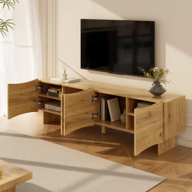 Merax Moderne Tv-meubel 155x36x47cm - golfpatroon - met opbergruimte - vier deuren en een houtnerf kabeldoorvoer Houtkleur