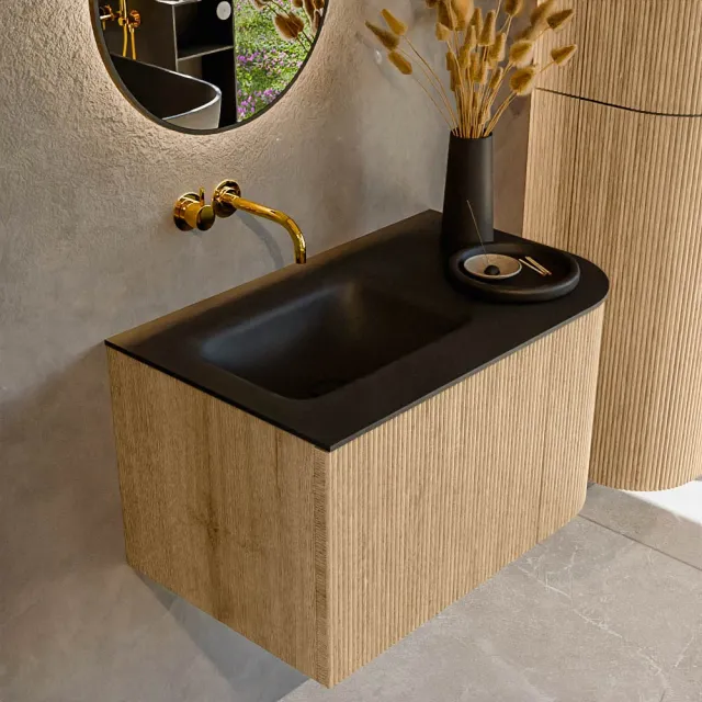 Mondiaz KURVE 75 cm Onderkast Greeploos 1 Lade Met Deuren Oak, Wastafel Solid Surface Links Urban 0 Kraangaten Zonder Spiegel (KRVGRU75R1L1D0KL-Oak/Urb)
