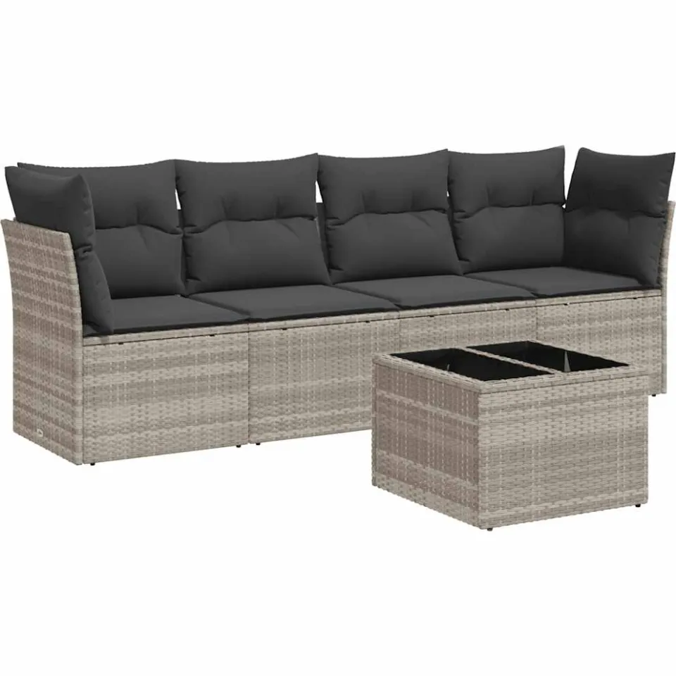 vidaXL 5-delige Loungeset met kussens poly rattan lichtgrijs grijs, foto 3