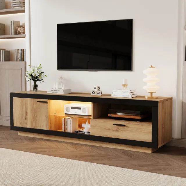 OKWISH Tv-Meubel – Met App-Gestuurde RGB-Verlichting – Voor Woonkamer En Gamehoek – Zwart Eiken – 160x40x50 cm Zwart+Eiken
