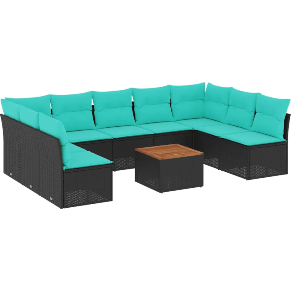 vidaXL 10-delige Loungeset met kussens poly rattan zwart, foto 3