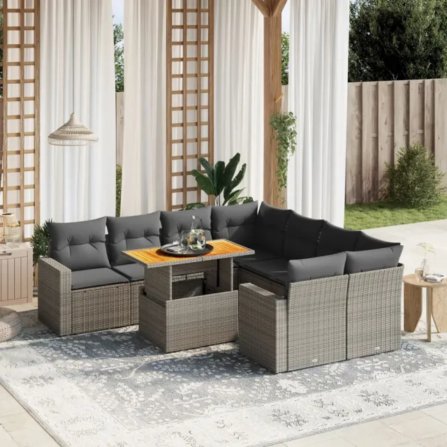 vidaXL 9-delige Loungeset met kussens poly rattan grijs, foto 2