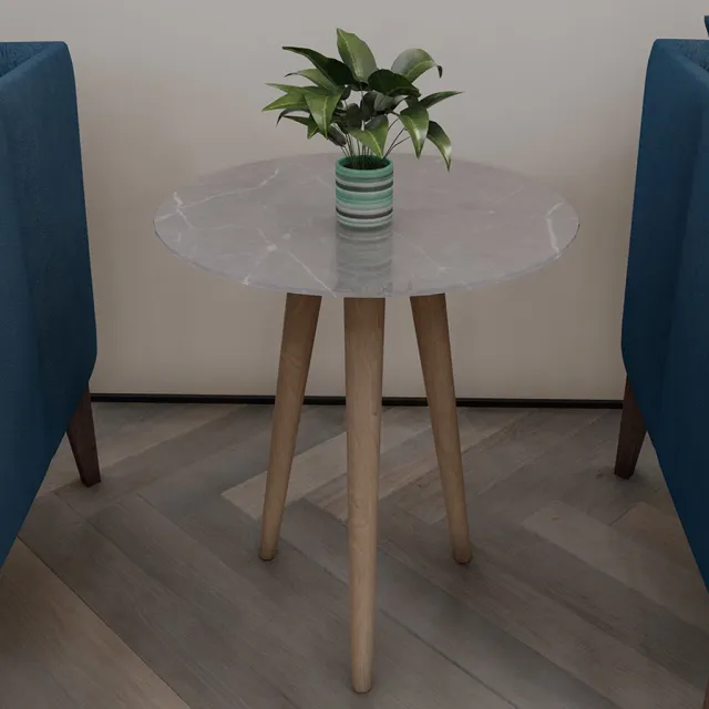 DECORITA Nesttafel / Bijzettafel | Houten Been| Gehard (onbreekbaar) glas|Grijze marmeren look vlakke tafel|Diameter40cm