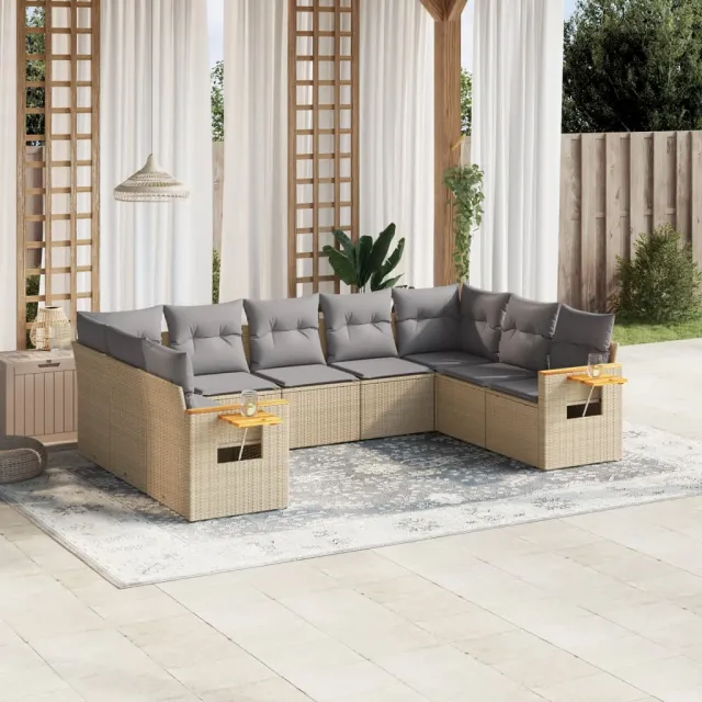 vidaXL 9-delige Loungeset met kussens poly rattan beige, foto 2
