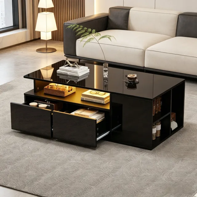 COVREO Salontafel met LED en 2 laden – 100x50x35 cm – Zeteltafel met 9 vakken – Voor woonkamer en thuiswerkplek – Zwart