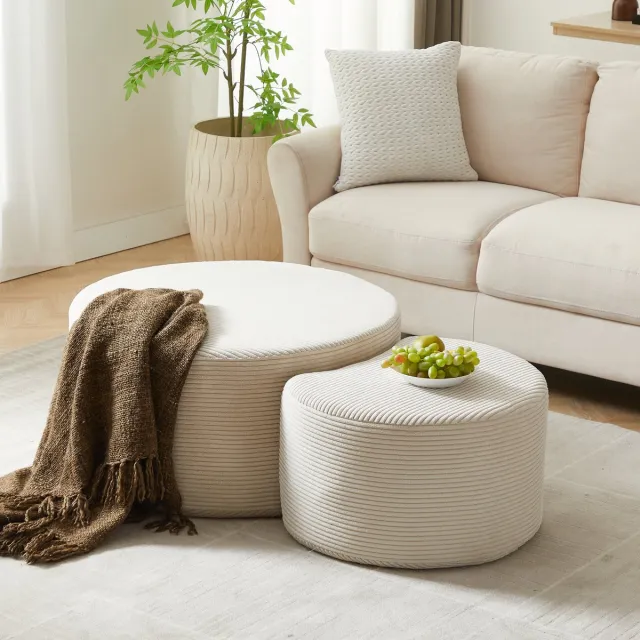 OKWISH Salontafelset Rond Set Van 2 - Ruimtebesparende Ottoman En Bijzettafel Voor Woonkamer - Stof - Beige
