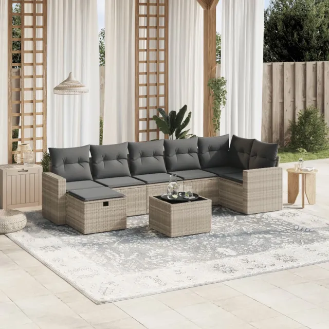 vidaXL 8-delige Loungeset met kussens poly rattan lichtgrijs grijs, foto 2