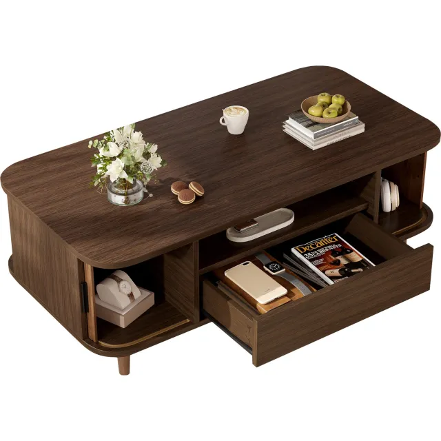 REDOM Salontafel 100x50x35 cm - Met lade, 2 roldeuren en open vak - Walnootkleur