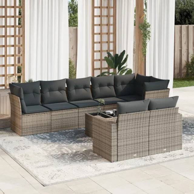 vidaXL 9-delige Loungeset met kussens poly rattan grijs, foto 2
