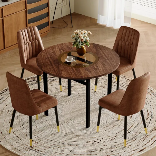 MODENUIT Eethoek 100 cm - Ronde Tafel Met 4 Stoelen, Glasinleg En Plateau - MDF, Stof, Metaal - Bruin Zwart