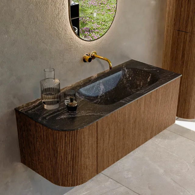 Mondiaz KURVE-DLUX 115 cm Onderkast Greeploos 1 Lade Met Deuren Walnut, Wastafel Solid Surface Rechts Lava 0 Kraangaten Zonder Spiegel (KRVBGS115L1L1D0KR-Wal/Lav)