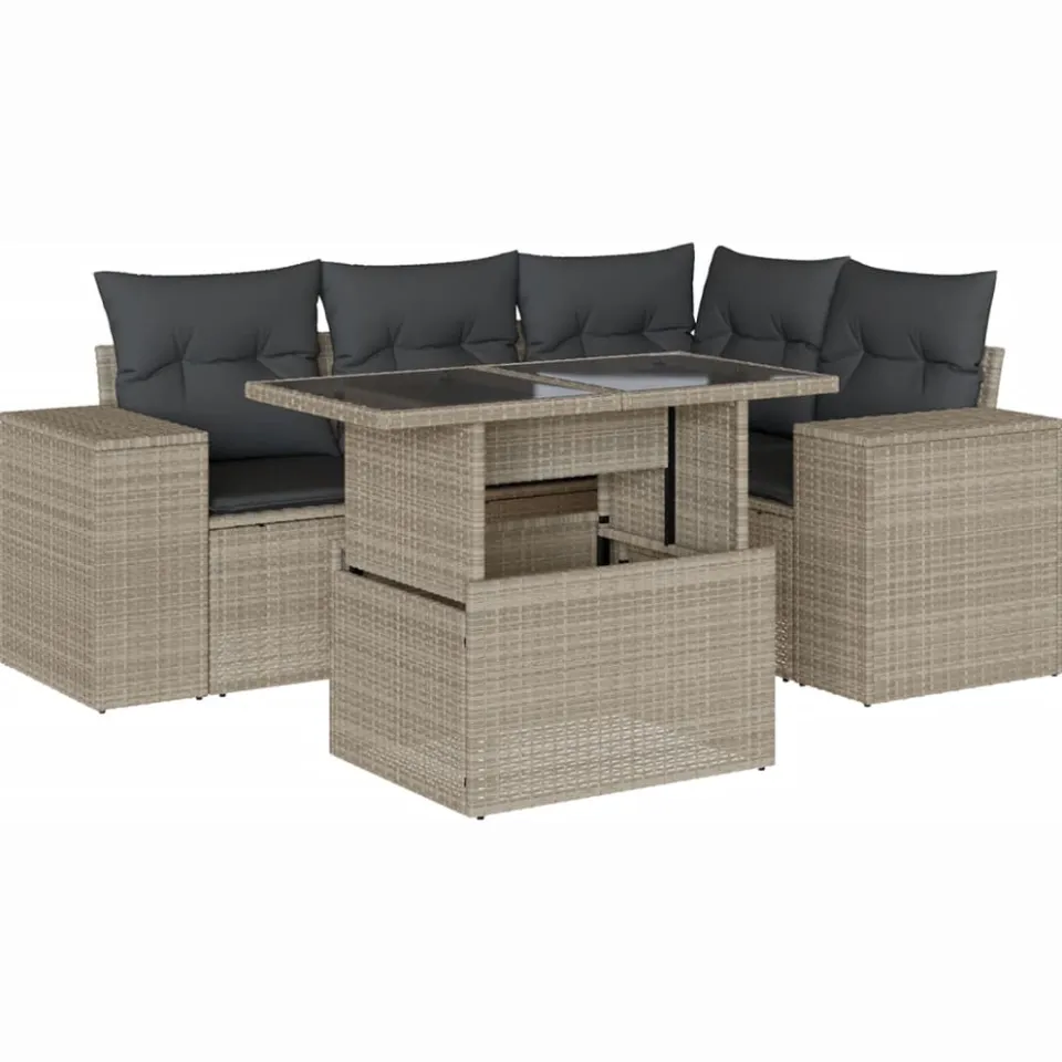 vidaXL 5-delige Loungeset met kussens poly rattan lichtgrijs grijs, foto 3
