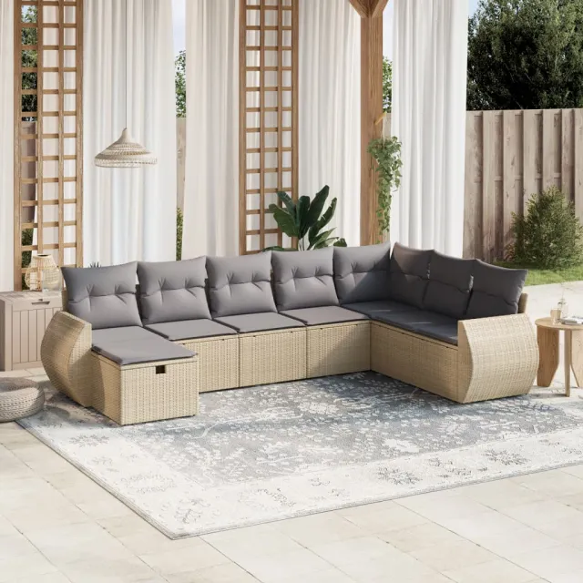 vidaXL 8-delige Loungeset met kussens poly rattan gemengd beige, foto 2