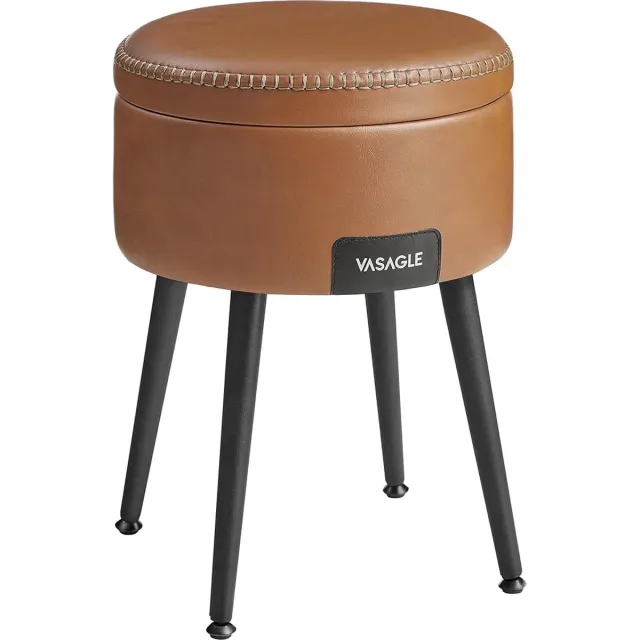 Vasagle Poef met Opbergruimte & Dienblad - Camel Bruin - Hocker Lederlook - Bijzettafel 2-in-1 - Industrieel & Vintage - Ø 32 cm