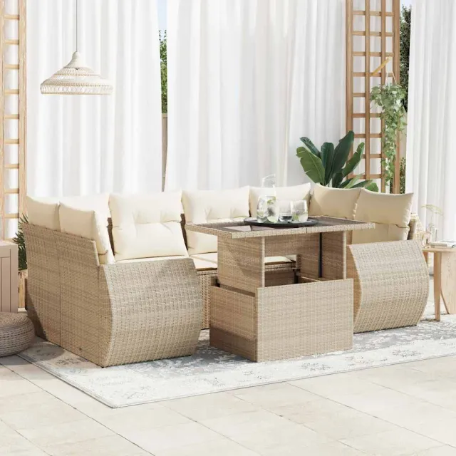 vidaXL 7-delige Loungeset met kussens poly rattan beige, foto 2