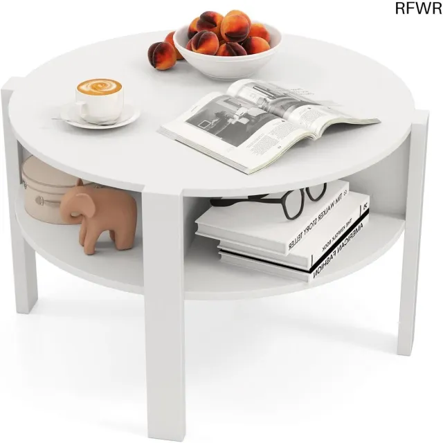 RFWR Moderne Ronde Salontafel met 2 Verdieningen en Opbergruimte - 74,5 x 74,5 cm witbruin