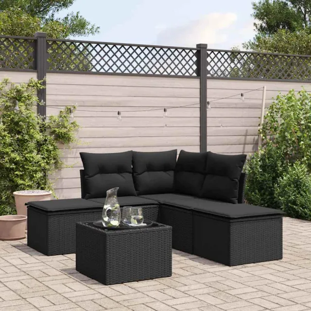 vidaXL 6-delige Loungeset met kussens poly rattan zwart, foto 2